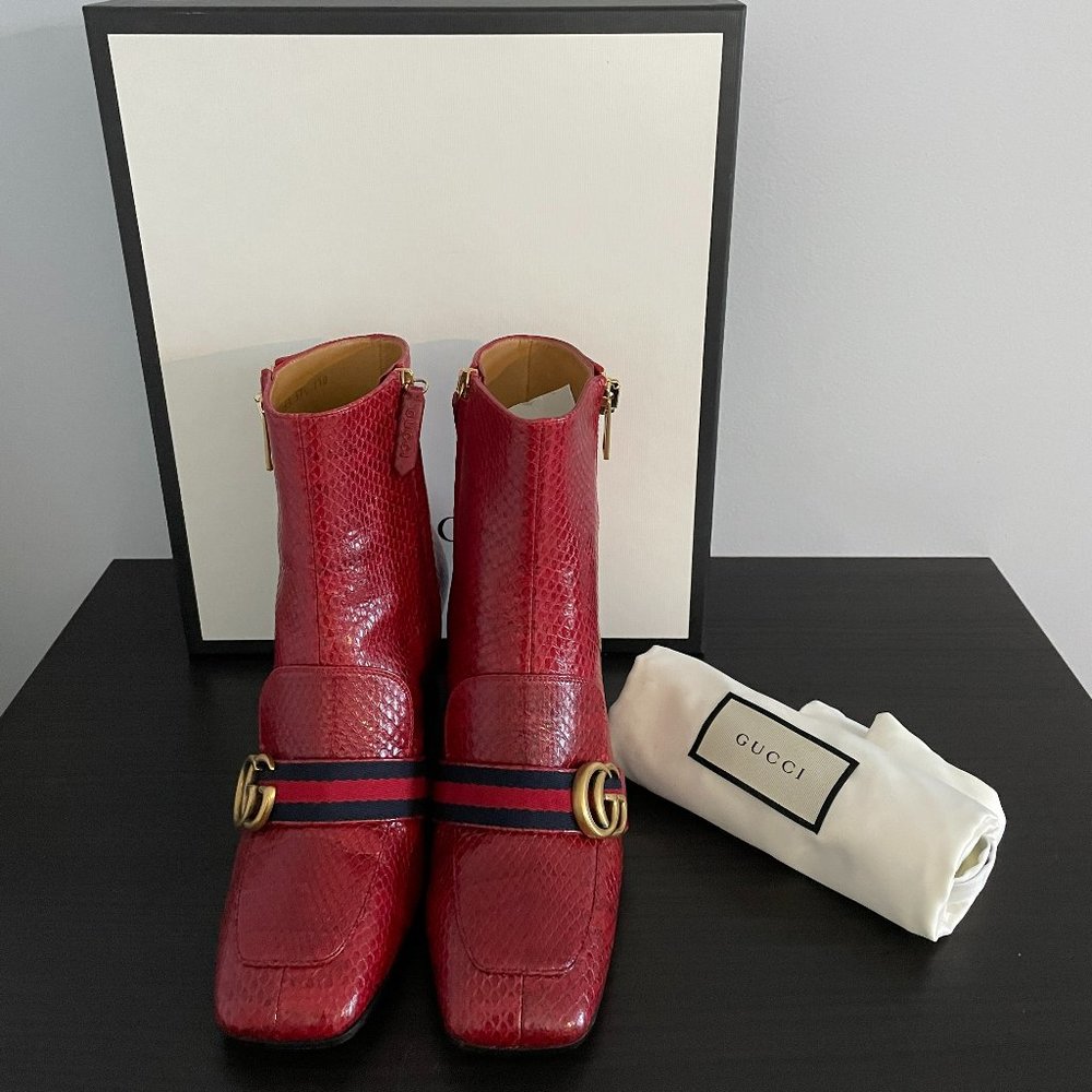 GUCCI Ayers Trapper Red Hibiscus Bootie Size 37+ (432063 EQYFO 6475)